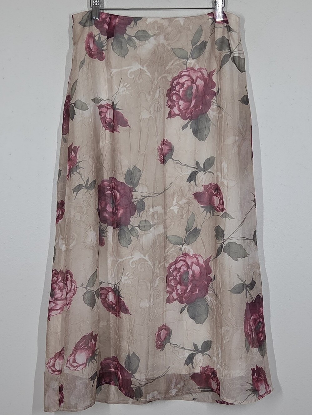 Vtg 90s Y2K Floral Rose Crinkle Maxi Skirt L Fairy Grunge Whimsigoth Indie Boho